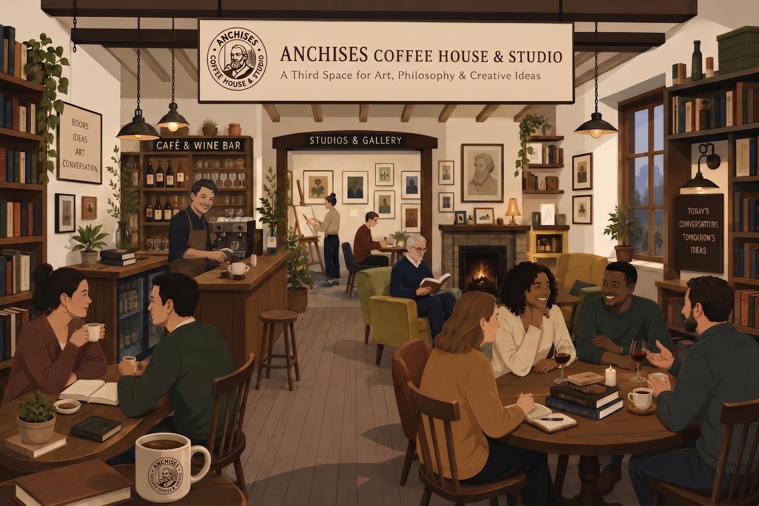 The interior of Anchises Coffee House and Studio: a barista pulling espresso at the bar with wine bottles on a shelf above, an arched doorway through to the studios and gallery, an artist working at an easel, an older man reading by the fireplace, a couple sharing coffee on the left and a group of four talking over wine on the right, books filling the walls, with the Anchises sign hanging overhead and a branded coffee mug in the foreground